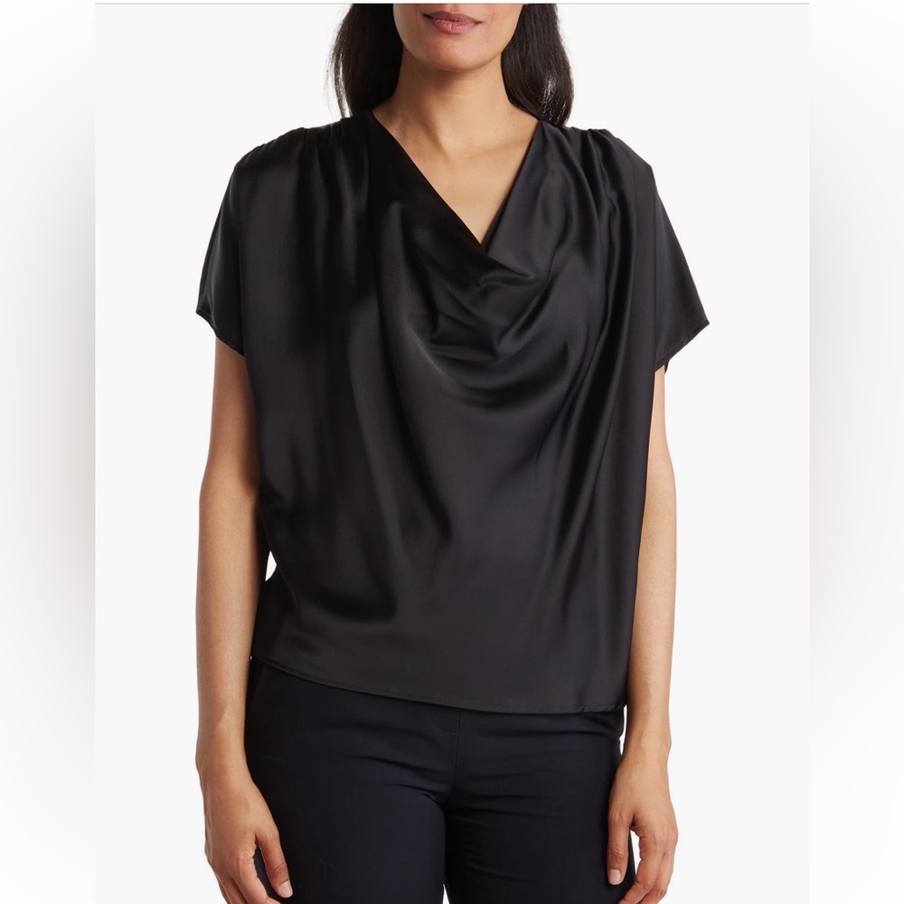 Renee C. Cowl Neck Short Sleeve Satin Blouse